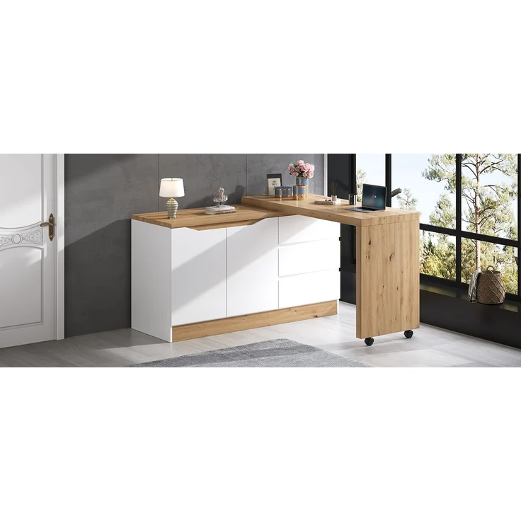 ZUBALIYA Schreibtisch mit feststellbaren Rollen – multifunktionales Design, 4 cm dickere, drehbare Tischplatte, fest arretierbar, weiß/Eiche, Faltbarer Schreibtisch, Eckschreibtisch, Sideboard,Dicke Materialie – Modell N880P4642134O – Bild 25