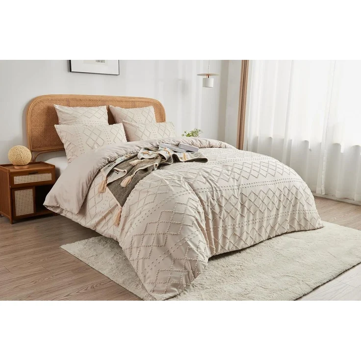 ibettertec Bettwäsche Boho Bettwäsche Beige Getuftet Geometrisches Muster Bettbezüge, Stickerei Boho Bettwäsche und Kissenbeüge 80x80cm mit Reißverschluss – Bild 1