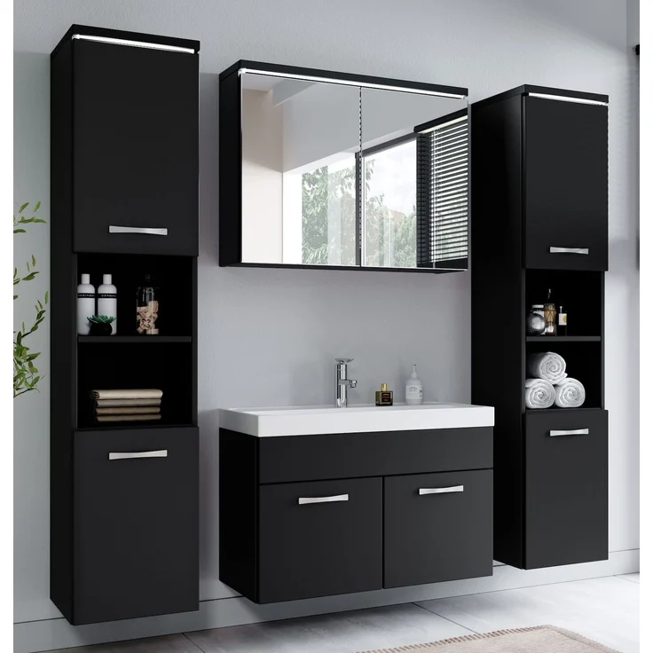 Badplaats Badezimmerschrank Paso 35 x 35 x 160 cm Schwarz Matt - Hoch Badschrank Mit 2 Türen – Bild 4