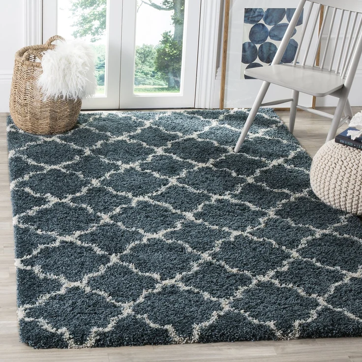 SAFAVIEH Zottelig Teppich für Wohnzimmer, Esszimmer, Schlafzimmer - Hudson Shag Collection, Hoher Flor, Schieferblau und Elfenbein, 122 X 183 cm