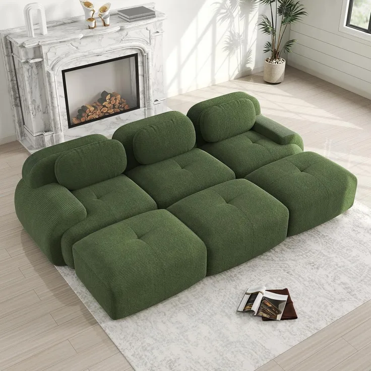 Sofa 3-6 Sitzer Cord Stoff Wohnzimmer Grün Grün G-(3 Sitzer +3 Hocker）
