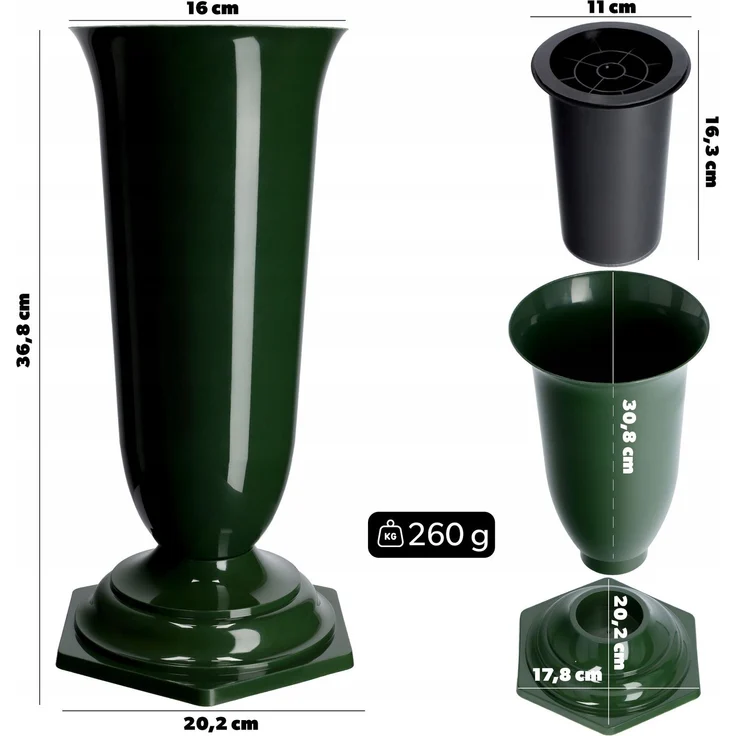KADAX Vase, Fläschchen, Blumen, Grabstein, Friedhof, Grabstein, Einsatzsockel, Grün, 37 cm – Bild 2