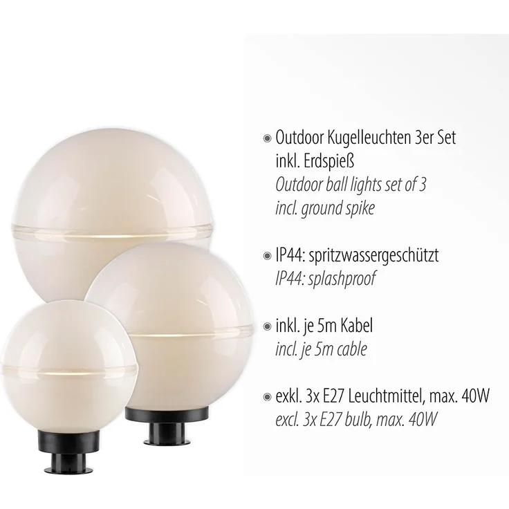 3er Set Kugelleuchten, schwarz, weiß, D 20 cm, 30 cm, 40 cm – Bild 7