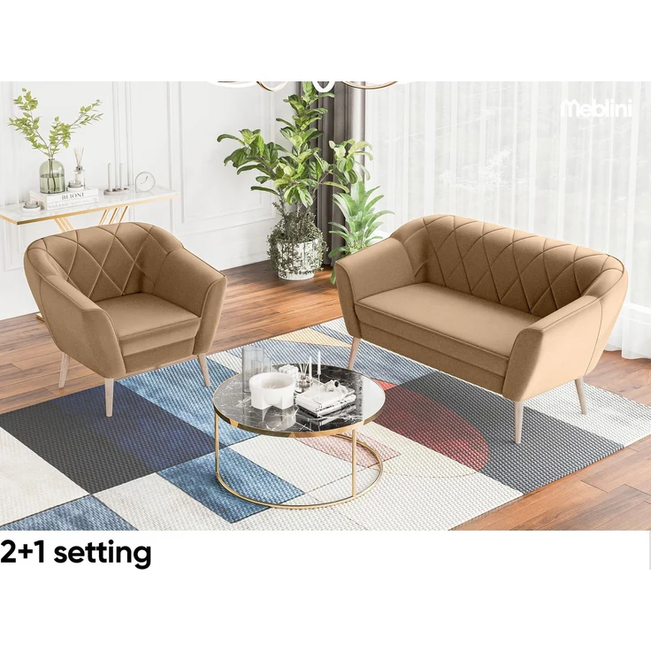 MEBLINI Sofa-Set GISELA 2+1+1 - Beige Samt - für Wohnzimmer - Mini Lounge für vier Personen - Küchensofa - Sofa Klein - Sitzgarnitur - Polstergarnitur - Sofagarnituren – Bild 6