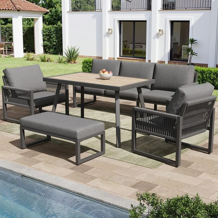 HAUSS SPOLE Gartenlounge-Set Outdoor Sofa Set 6 Sitzer Geflochtenes Seil Pflegeleichte Kissen Tisch, (Gartenmöbel Set Outdoor mit großem Esstisch), Hochwertigen Sitzkissen & Rückenkissen – Bild 2