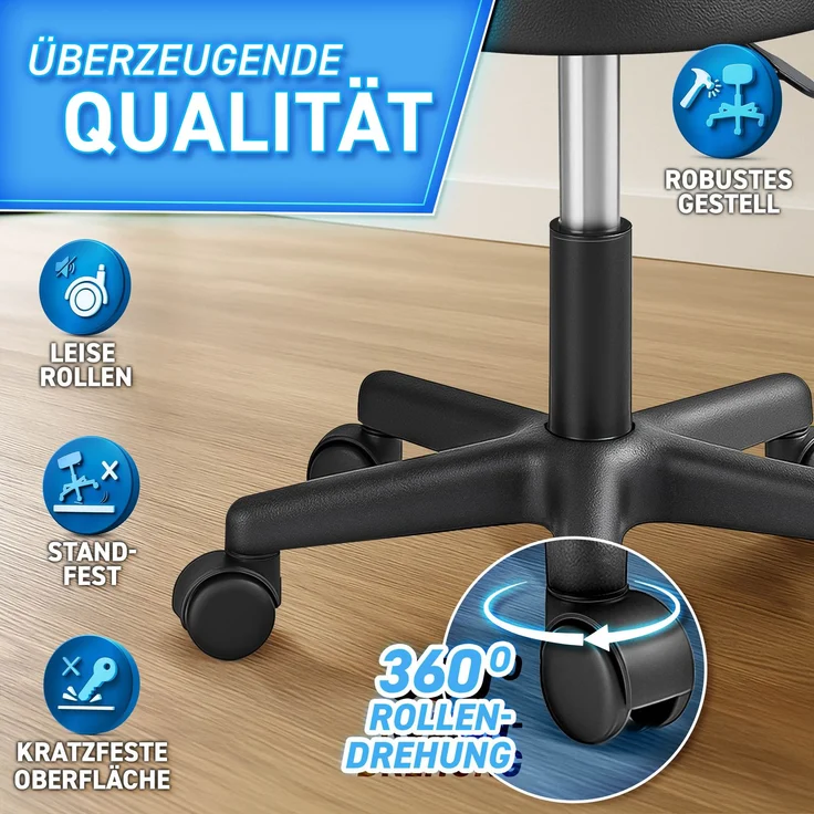 TRESKO Rollhocker höhenverstellbar Schwarz | Drehhocker 10 cm Dicke Polsterung | Arbeitshocker 360° drehbar | Hocker – Bild 2