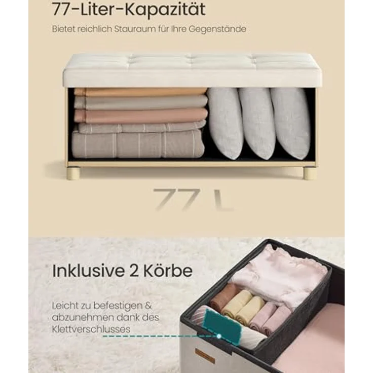 SONGMICS Sitzbank mit Stauraum, Hocker faltbar, 38 x 76 x 38,5 cm, Aufbewahrungsbox mit Deckel, Fußhocker 77 L, Samt, bis 300 kg belastbar, Flur Wohnzimmer Schlafzimmer, cappuccinobeige LSF0517W02 – Bild 6