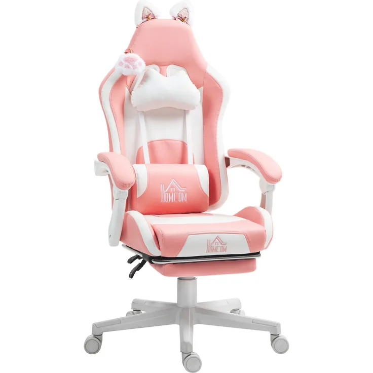HOMCOM Gaming Stuhl, Kunstleder, Rosa, 65L x 62B x 116-124H cm