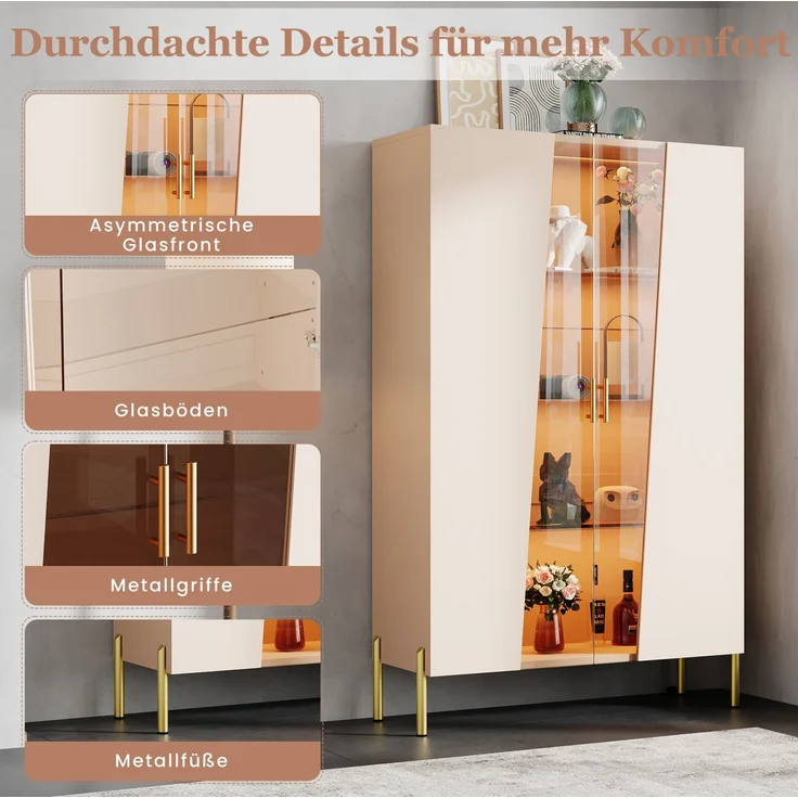 Vitrine 72 x 40 x 145 cm in Beige mit Glastür und mehrfarbiger LED-Beleuchtung – Bild 7