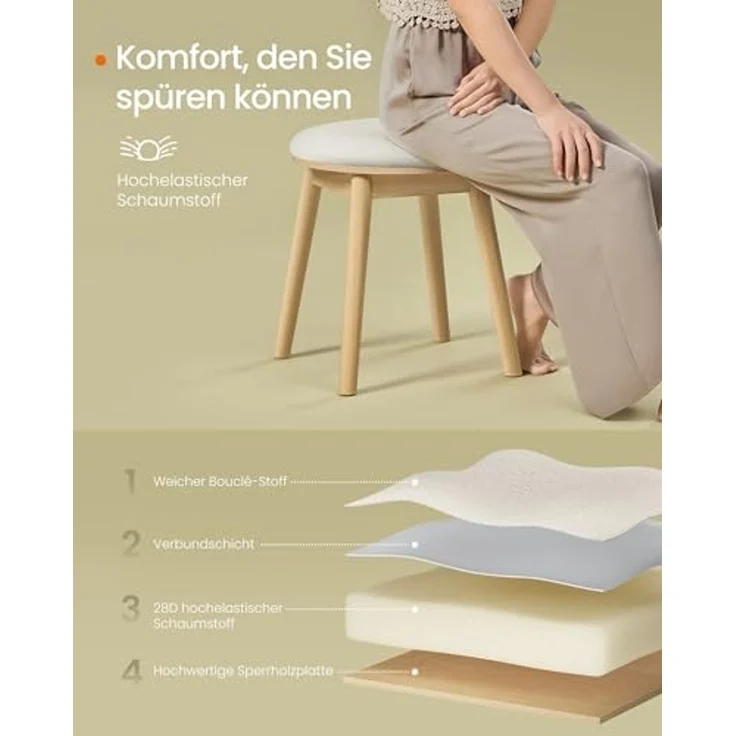 SONGMICS HOME BOHOVEN Kollektion - Schminkhocker, Schminktisch-Hocker gepolstert, Massivholzbeine, Sitzhocker rund, Fußhocker, rutschfeste Fußpads, Boho-Stil, Schlafzimmer, cremeweiß-eichenbeige – Bild 6