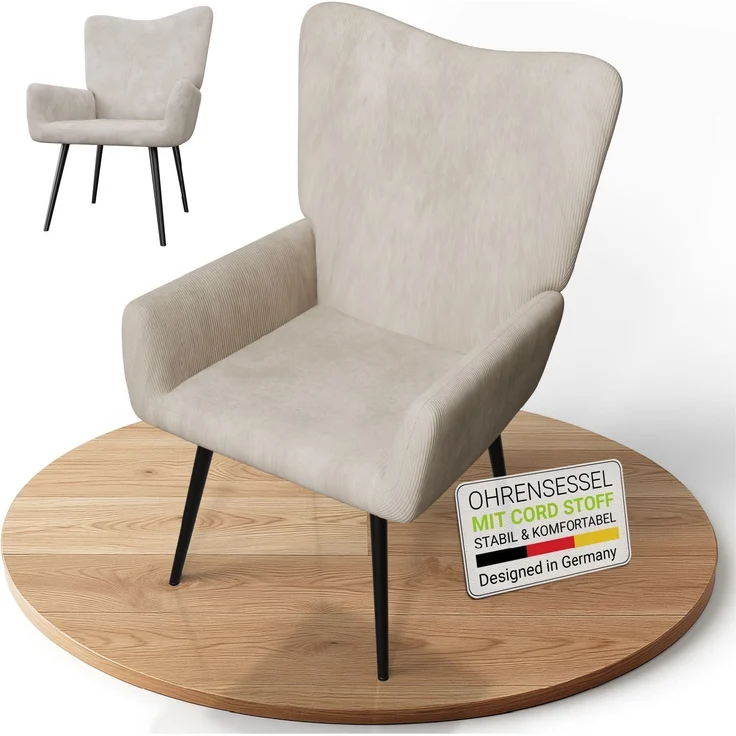 Juskys Ohrensessel Odense ohne Hocker, TV- & Lesesessel in Cord, hohe Lehne, Metallbeine, komfortabler Stoffbezug, pflegeleicht – Beige – Bild 1