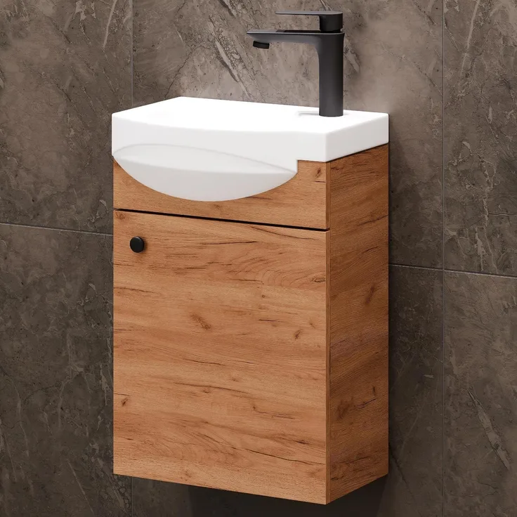 Planetmöbel Waschtisch 40cm Gold Eiche, Waschtischunterschrank hängend mit Waschbecken, Badezimmmer Möbel für Gäste WC