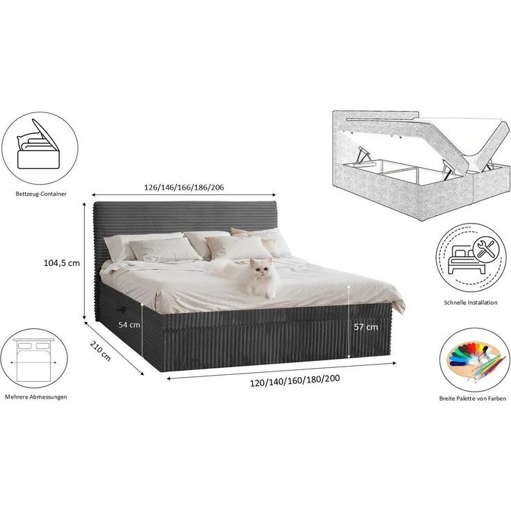 Kaiser Möbel Boxspringbett mit bettkasten und topper TRENTO, ohne Bein stoff Plüsch Cord, Matratze und Topper, Mehrere Größen, Viele Farben, Bettkasten