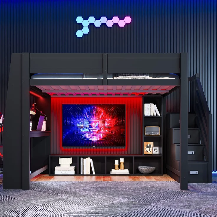 Hochbett 140x200 cm mit Schreibtisch, mehrstufigem Stauraum, LED-Beleuchtung und Stauraumtreppe, Schwarz – Bild 4