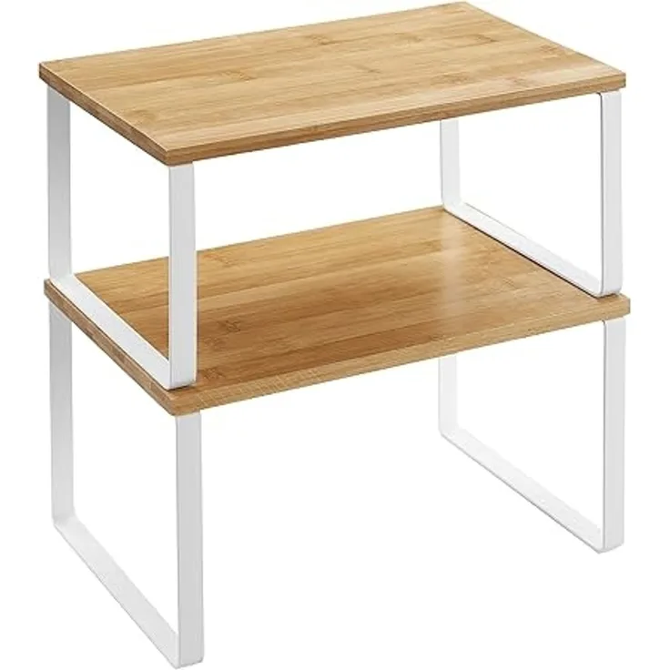 Songmics Gewürzregal, 2er Set, Küchenregal, Küchen-Organizer, erweiterbar, Gewürzhalter, stapelbar, aus Metall und Holzwerkstoff, weiß-naturfarben