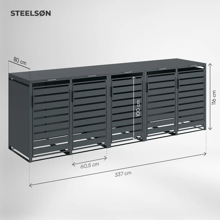 STEELSØN 'Kestra' Mülltonnenbox 5er je 240 Liter, anthrazit, Mülltonnenverkleidung aus Stahl, wetterfest, 116x80x337 cm, Müllbox für 5 Tonnen – Bild 5