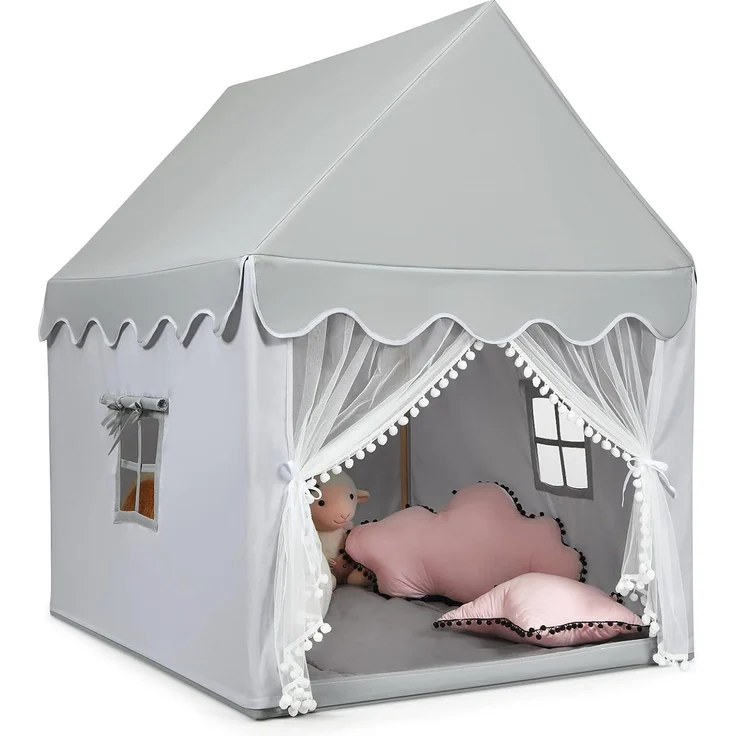 COSTWAY Prinzess Prinzessin Kinderzelt, Stoffzelt / Massivholzrahmen / Baumwolldecke grau, 120 x 105 x 140 cm