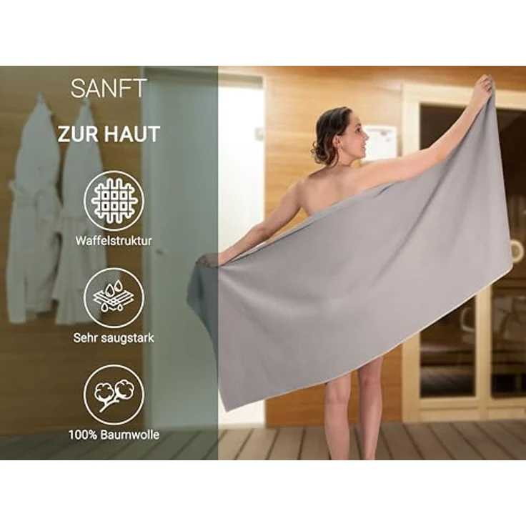Zollner Saunatuch, 70x180 cm, grau, Oeko-Tex® Standard 100, saugstark aus 100% Baumwolle, Waffelmuster, pflegeleicht – Bild 3
