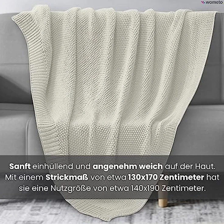 wometo Strickdecke, Weiß, 140x190 cm, Oeko-Tex® zertifiziert, hochwertige Grobstrick-Optik, pflegeleicht, Kuscheldecke – Bild 3