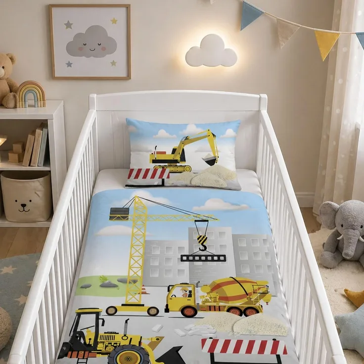 Baby Bettwäsche Baustelle für Kleinkinder 100x135 40x60 cm mit Bagger und Kran Motiv aus 100% Baumwolle