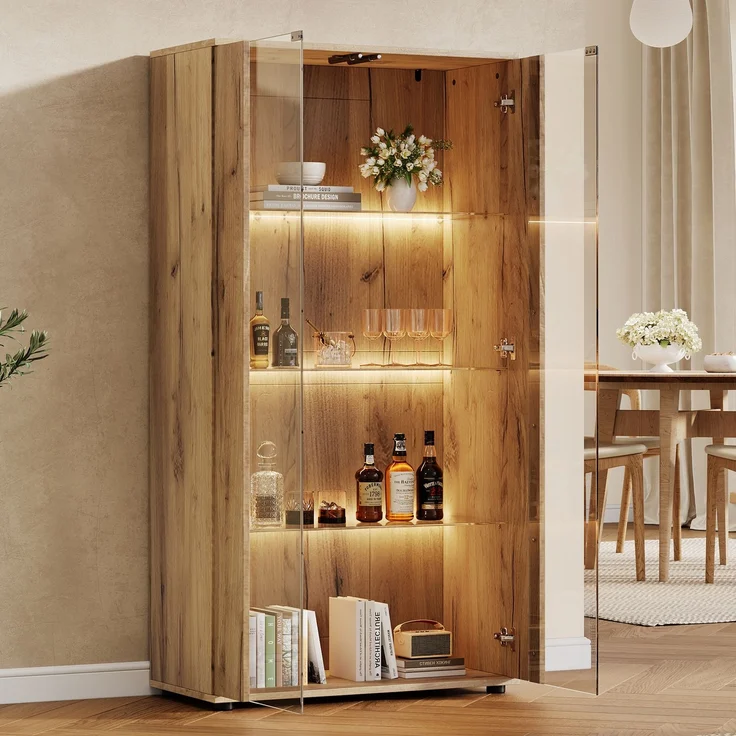 Merax Vitrinenschrank mit 2 Glastüren, 4 Ablageflächen und verstellbarer LED-Beleuchtung – modernes Design für Wohnzimmer, natur, 80×36×150.5cm – Bild 2