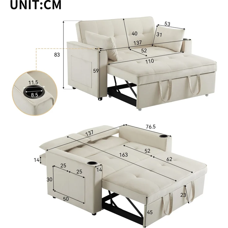 Multifunktions-Schlafsofa Samt Beige, 3-fach verstellbar mit Getränkehalter, 137x76,5x83 cm – Bild 8