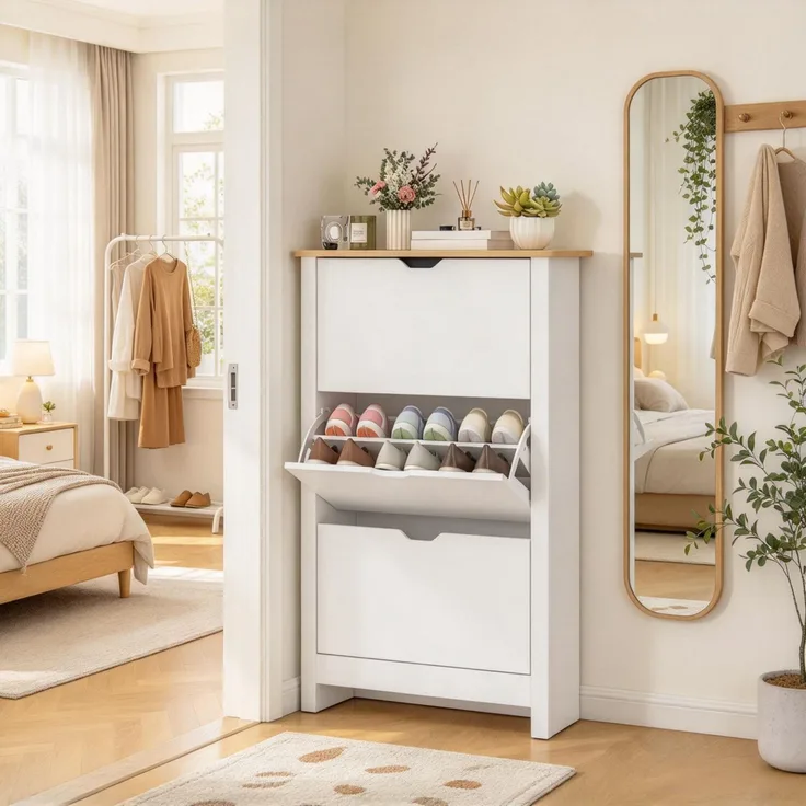 ZUBALIYA Schuhschrank (72 x 26 x 112 cm), 3 Klappfächer, Herausnehmbare Einlegeböden, Stauraum für Flur und Eingangsbereich, Naturfarben / Weiß