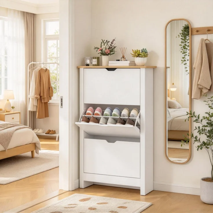 ZUBALIYA Schuhschrank (72 x 26 x 112 cm), 3 Klappfächer, Herausnehmbare Einlegeböden, Stauraum für Flur und Eingangsbereich, Naturfarben / Weiß – Bild 1