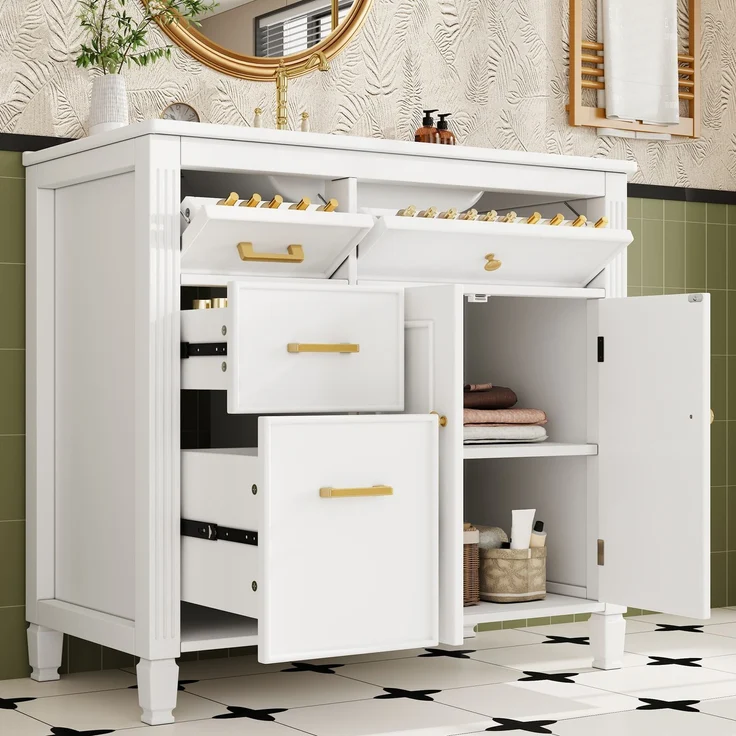 91*46,5*87 cm, freistehender Waschtisch, lackierte Oberfläche, integriertes Keramikbecken, Soft-Close-Scharniere, geräuschlose Auszüge, 3D-Rahmendesign, Klappschublade, weiß. – Bild 3