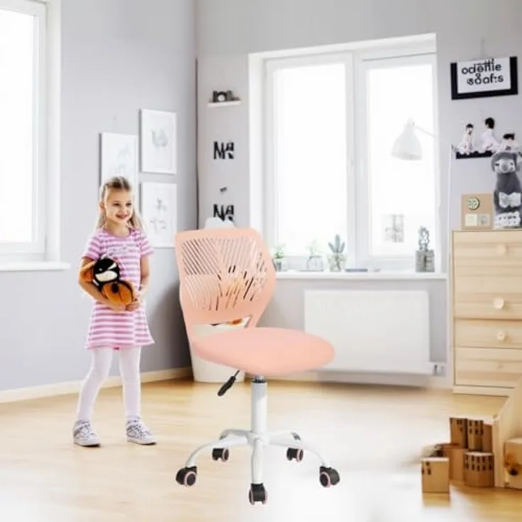FurnitureR Kinder Schreibtischstuhl, Verstellbarer Höhendrehstuhl mit kleinem Loch Rückenlehne Design, geeignet für Kinderzimmer oder Arbeitszimmer, Rose