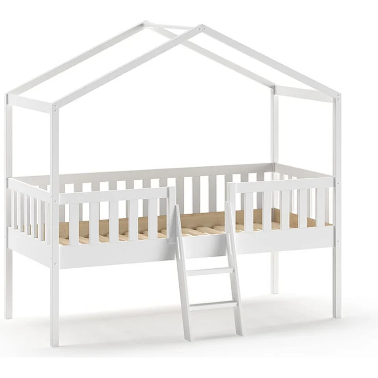 Hausbett mit Leiter Kapua 209x120x202 Kinderbett Massivholz Weiß – Bild 1