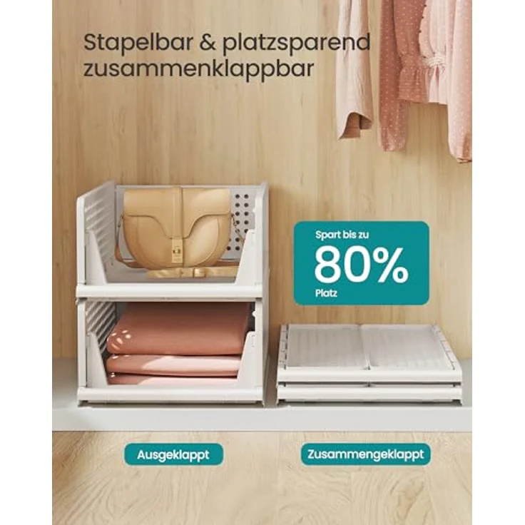 SONGMICS Schrank-Organizer klappbar, Kleiderschrank-Organizer stapelbar, ausziehbarer Korb 4er Set, Aufbewahrung und Organisation, Kunststoff, Schlafzimmer, Büro, Badezimmer, weiß LPC400WZ01 – Bild 3