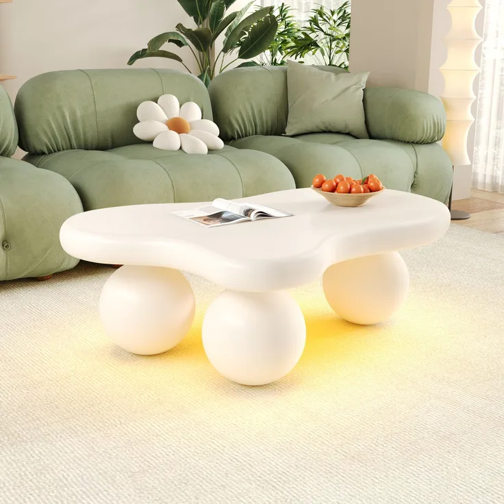 Couchtisch 95x62,5x32 cm, wolkenförmiger Tisch mit abgerundeten Beinen, weiß