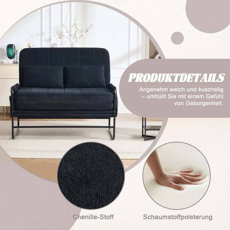 ZUBALIYA Schlafsofa 85x92 cm, mit Stauraum, mit Chenille - Bezug, mit breiten Armlehnen, mit Schaumstoffpolsterung, Schwarz – Bild 4