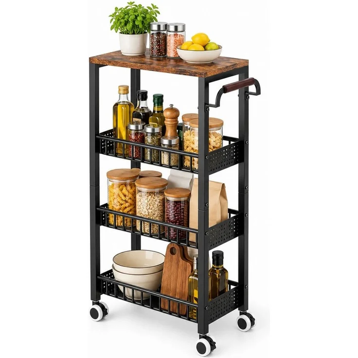 LEMLIT Rollwagen Küchenwagen 4 Etagen Schmal Mit Rollen Und Holzplatte, (1er Set, 1 St, Produktmaße: 40 x 20 x 86,5 cm), 3 Metallkörbe, 2 Bremsrollen, Für Küche, Bad Und Waschküche – Bild 1