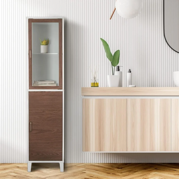 Teamson Home Tyler Holz Badezimmer Leinenturm Boden hoher Schrank Glas Tür 2 Ton weiß/braun EHF-F0009 – Bild 4