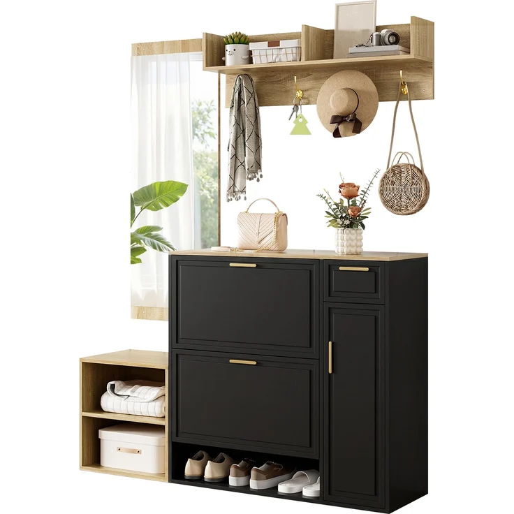 Garderoben-Set 139,5x35x166 cm in Natur/Schwarz mit Schuhschrank, Bank, Paneel, Spiegel – Bild 7