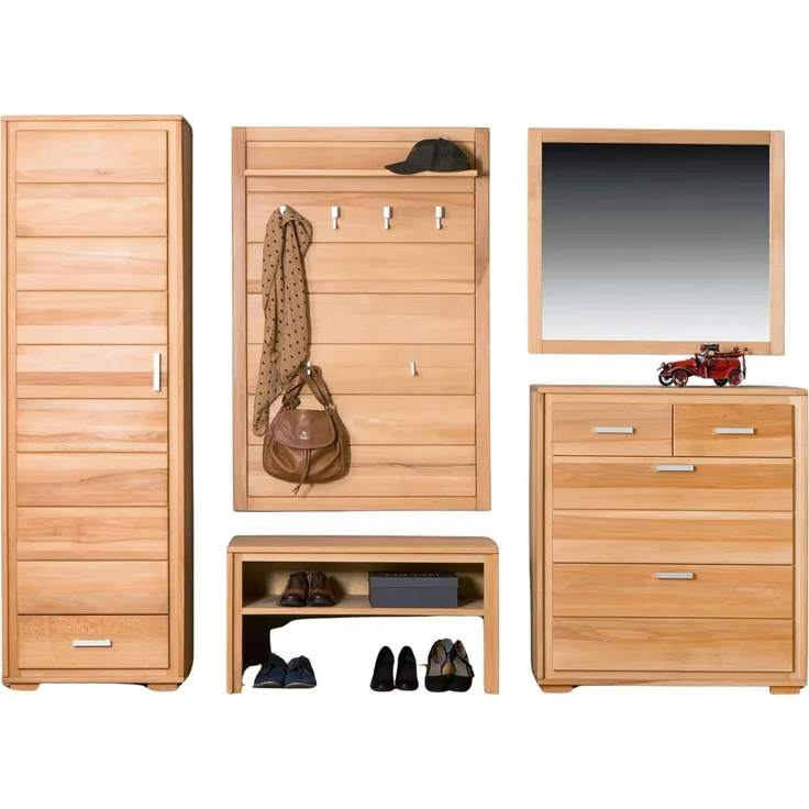 Woodline Garderoben Set Kernbuche Massivholz geölt, 5-teilig, Genf I-L Natur 270x40x193 cm
