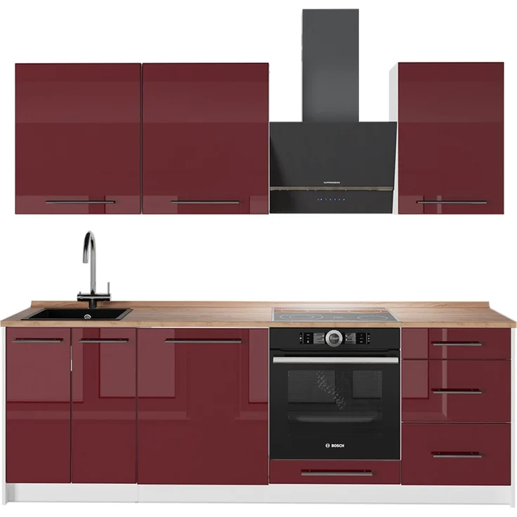Küchenzeile Fame-Line Bordeaux Hochglanz/Weiß 230 cm, AP Eiche Vicco – Bild 1