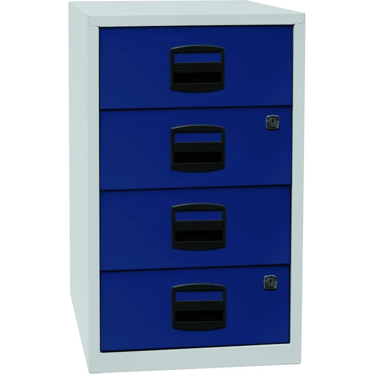 Bisley Home Beistellschrank mit Schloss aus Stahlblech, 4 Universal-Schubladen abschließbar - Büroschrank für DIN A4 Dokumente, Kleinteile & Büromaterial - Farbe: grau/blau, PFA4S-505