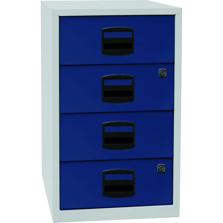 Bisley Home Beistellschrank mit Schloss aus Stahlblech, 4 Universal-Schubladen abschließbar - Büroschrank für DIN A4 Dokumente, Kleinteile & Büromaterial - Farbe: grau/blau, PFA4S-505 – Bild 1