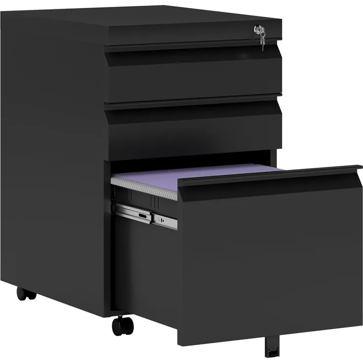 Rollcontainer, 3 Schubladen, 5 Räder, Hängeregister, abschließbar, Stahl, schwarz 39 x 48 x 60 cm--Schwarz--60x48x39cm--YOUDENOVA