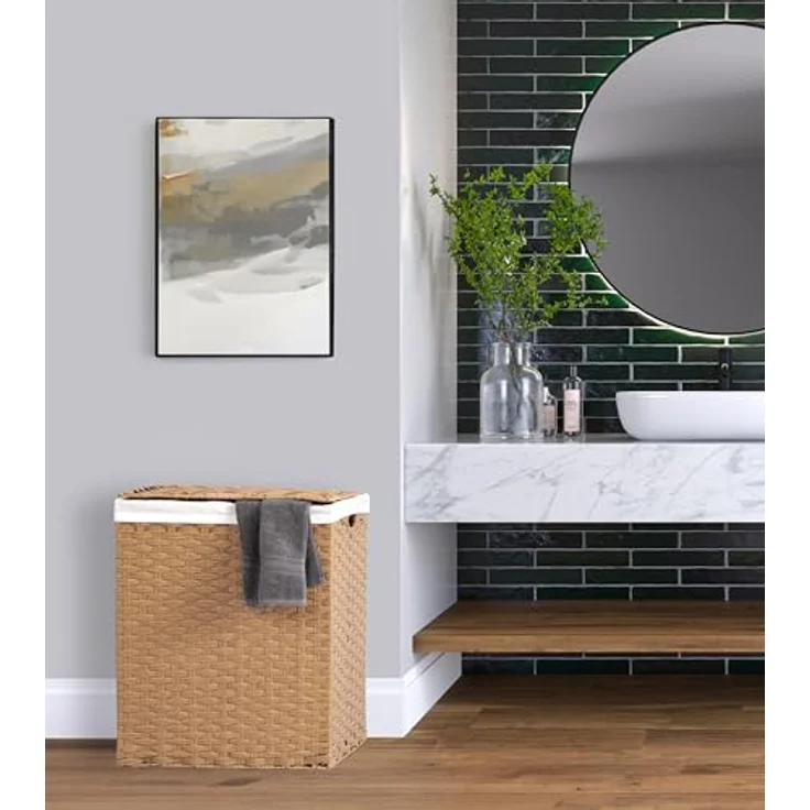 Seville Classics Premium handgewebter tragbarer Wäschekorb mit integrierten Griffen Haushaltsaufbewahrung für Kleidung, Bettwäsche, Laken, Canvas, Hellbraun, Rectangular Hamper – Bild 3