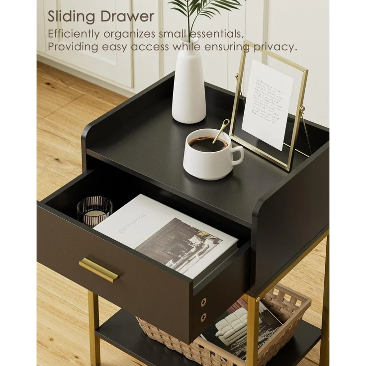 Schwarzer 3-Tier Nachttisch mit Schublade und Regal, Moderner – Bild 4