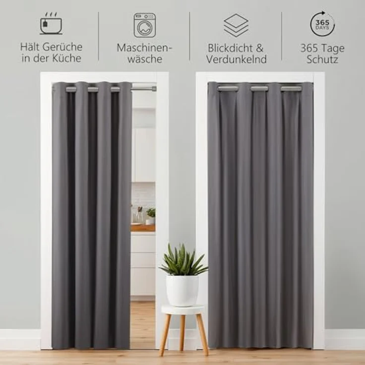 tinycurtains Türvorhang für alle gängigen Türgrößen, Thermovorhang (ohne Stange) Türgardine, Ösen (1 St), abdunkelnd, 100% Polyester, blickdicht grau Nebula 200x150cm Vorhang für Tür, Schrank & Fenster – Bild 6
