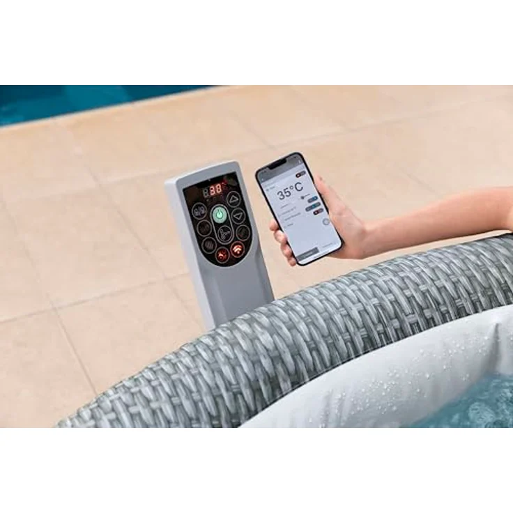 Bestway LAY-Z-SPA Energiespar-Whirlpool Bali AirJet mit App-Steuerung, integrierter UltraFit-Pumpeneinheit, für 6 Personen, 196 x 71 cm, Rattan-Optik (Lichtgrau) – Bild 4