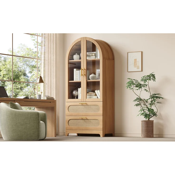 Vitrine 80 x 40 x 175 cm in Holzoptik mit Glastüren, Rattanfronten und 2 Schubladen – Bild 3