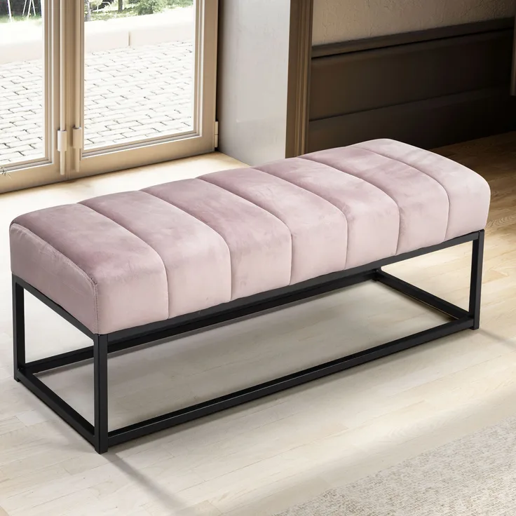 Sitzbank Samt Rosa 108x40x40cm Polsterbank Metallgestell Modern Gesteppt