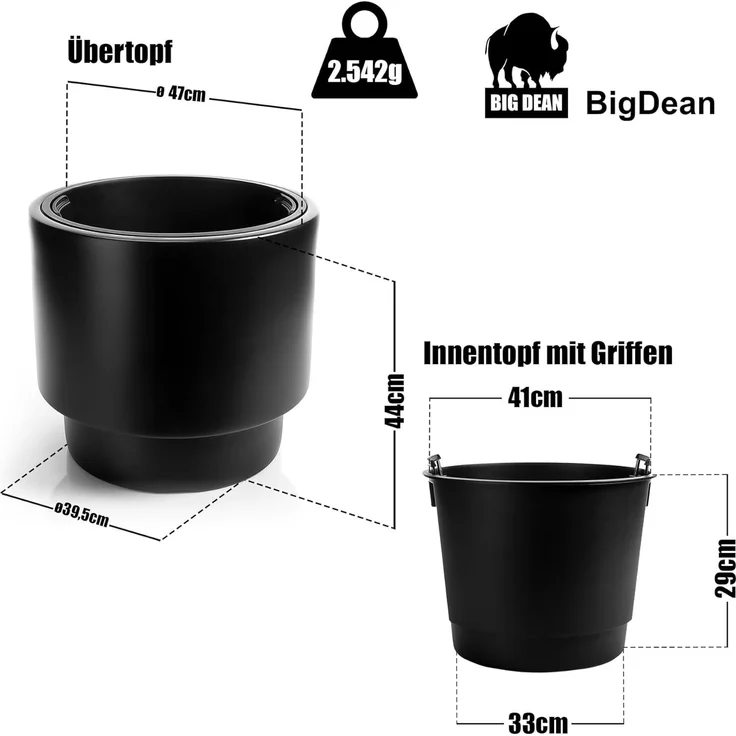 BigDean Blumentopf Pflanzkübel Design mit Einsatz rund ø 47 cm (Set, 1 St, 1 Pflanztopf + 1 Übertopf), Übertopf & Topf, 47cm Durchmesser, Schwarz, Wetterfest & Bruchsicher – Bild 3