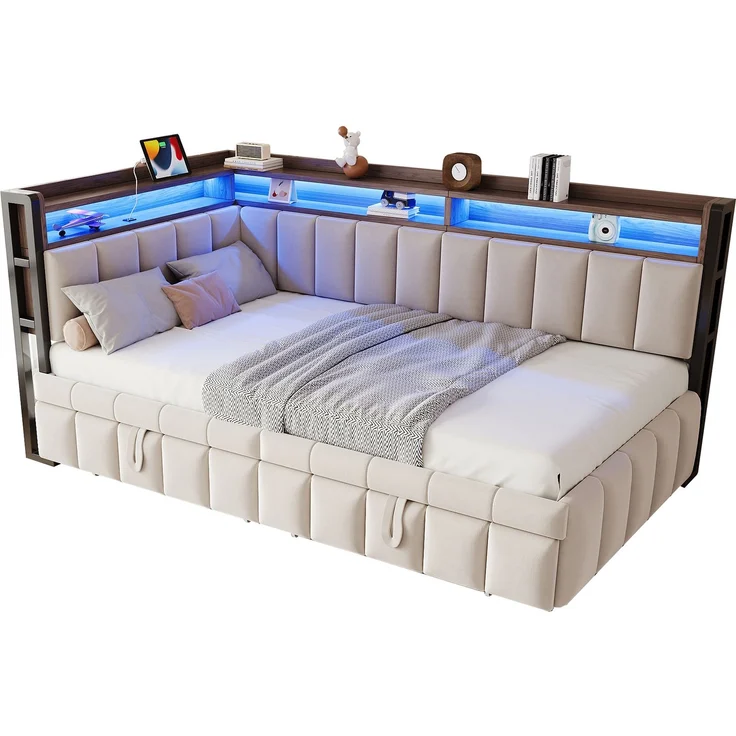 Merax Einzelbett, 90x200cm Polsterbett, Schlafsofa, mit Ausziehbett, LED-Beleuchtung und Ablagefächern am Kopf- und Fußende, Ausgestattet mit USB- und Typ-C-Anschlüssen, Samtstoff Beige – Bild 10